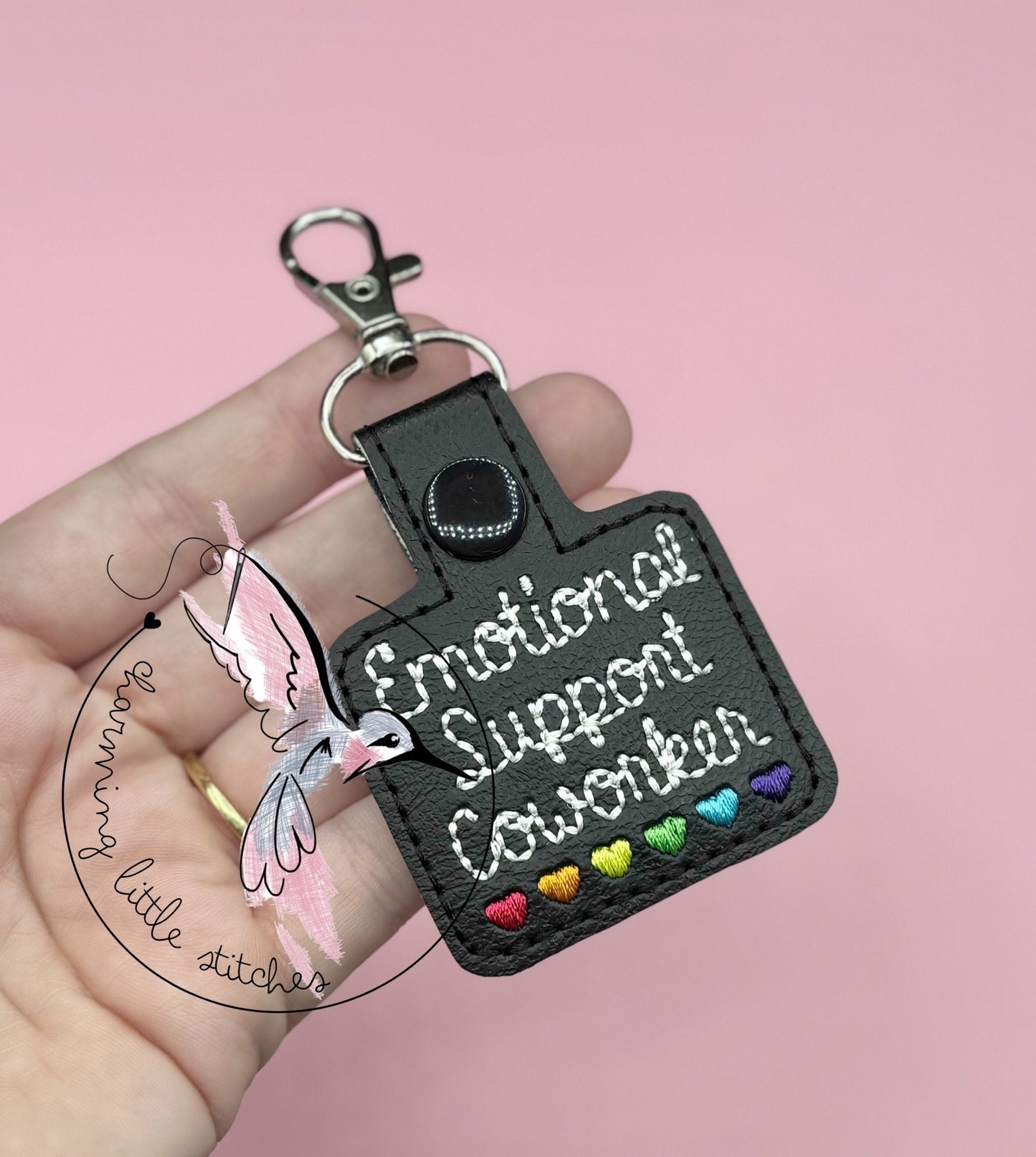 Emotional Support Coworker Keychain - Black with Rainbow Hearts