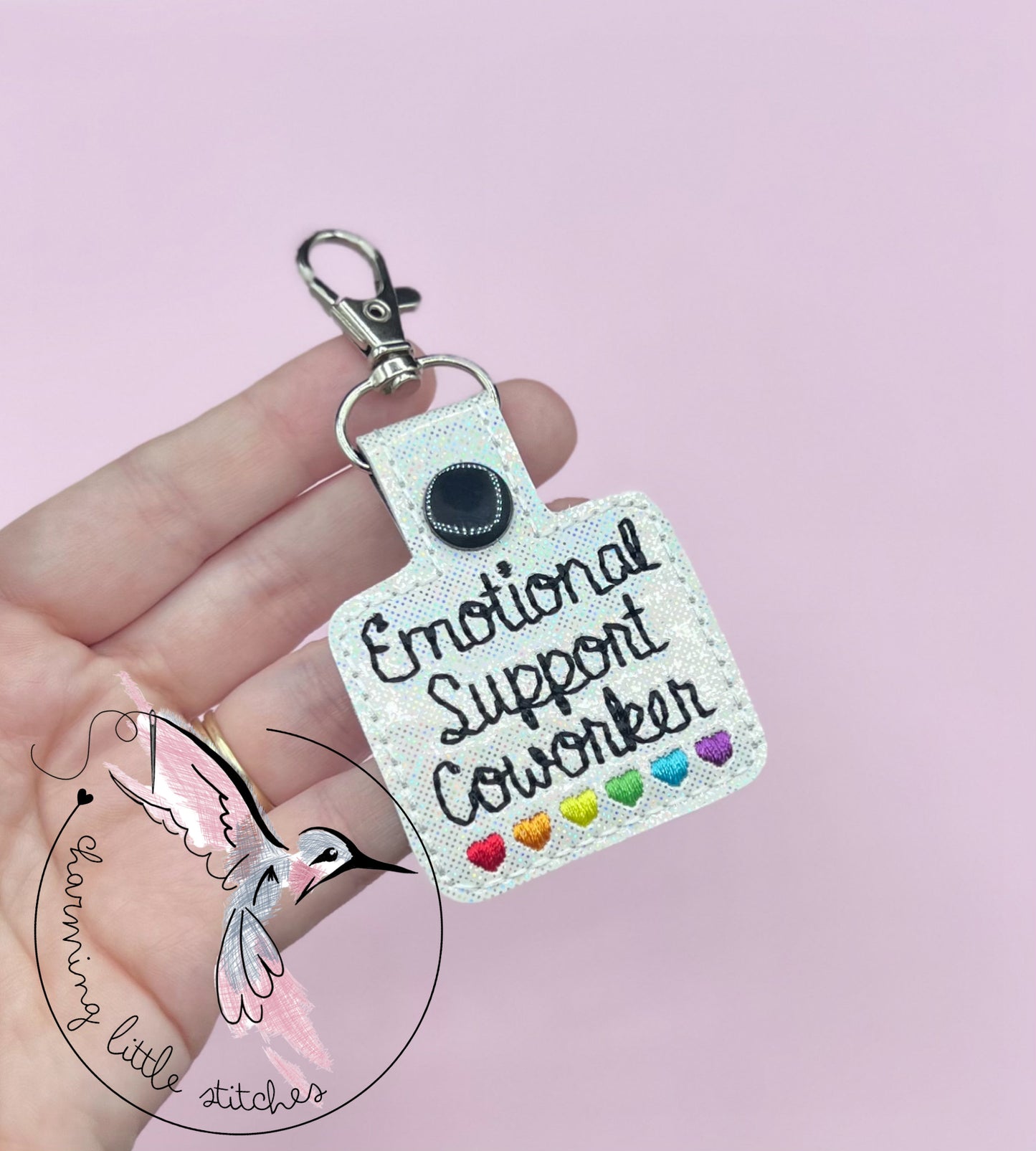 Emotional Support Co-Worker Rainbow Hearts Snap Tab Design